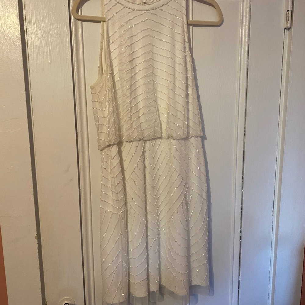 Adrianna Pappell White Beaded Sleeveless Dress